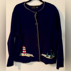 C & B Fleece Winter Christmas Holiday Lighthouse Button Up Sweater, Size L